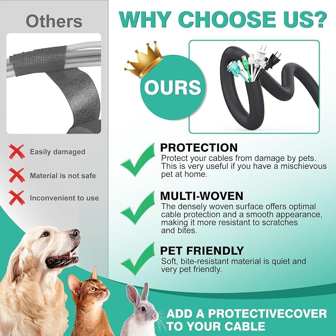 UOMTFAI Dog and Cat Cord Protector 10ft - 3/8inch, Flexible Cable Sleeve for Easy Cord Management, Protects Cables from Pets Chewing, Ideal for USB, Power, Audio and Video Cords - Black