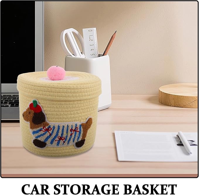 Milisten Cute Dog Shaped Car Storage Basket with Dustproof Lid, Large Capacity Woven Cotton Rope Organizer for Pet and Items, for Car Interior Use