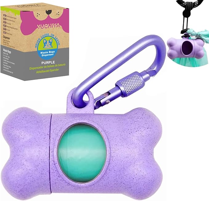 YUCHIYA Dog Poop Pickup Bags Holder Dispenser with Standard-Sized Leak-Proof Scented Doggy Waste Bags and Carabiner Hook and Loop Fastener Never Loose on Leash Lead Again (1 Holder 15 Bags, Purple)