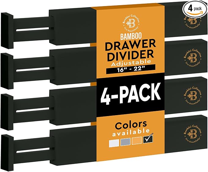 4-Pack Drawer Dividers 2.6-Inch High Dresser Organizer 16 to 22 Inch, Black | Bamboo, Spring Loaded, No Tools Needed, Fits Wide Drawers for Socks, Clothes, Utensils, Bedroom, Bathroom, Kitchen, Office