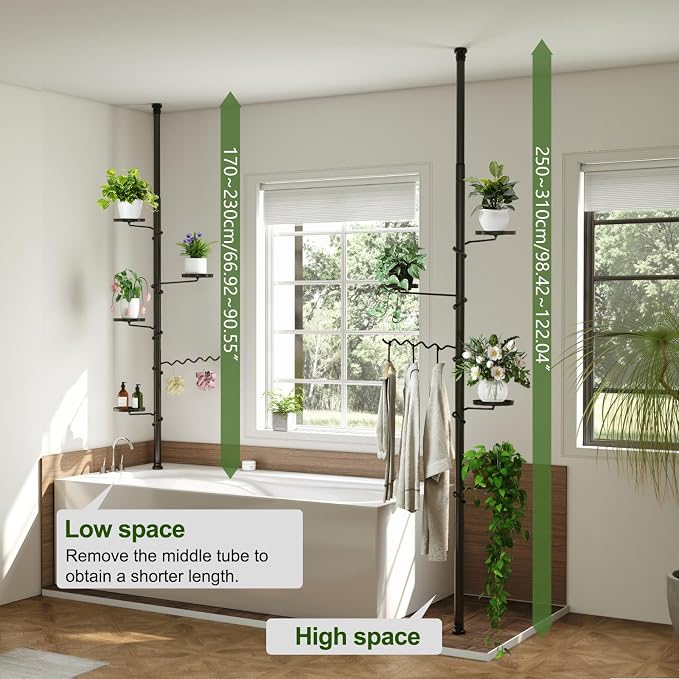 BAOYOUNI 5 Tier Plant Pole Stand Adjustable Tension Rod Flower Rack Black | Spring Loaded Flower Display Rack Storage Shelf Organizer for Indoor Plants, Closet, Kitchen, Bathroom - No Tools Required