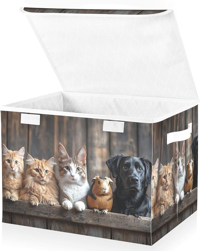 Dog Cats Fence Large Storage Bins with Linen Foldable Storage Cubes Fabric Closet Organizer Containers box with Flip-Top Lid for Home Office Closet 16.5” x 12.6” x 11.8”