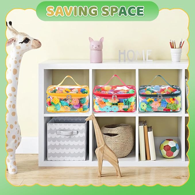 6 Pack Clear Toy Storage Bags, PVC Waterproof Toy Organizer, Colorful | Waterproof PVC, Transparent View, Reusable Zip Bags, Label Tags, for Blocks, Puzzles, Board Games, Travel and Home Storage