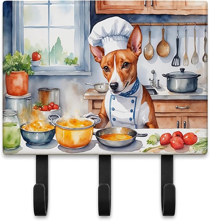 Caroline's Treasures Basenji The Chef Leash or Key Holder Wall Hooks, Key Hooks Holder, Coat Rack Wall Mount, Coat Hooks, Hooks for Hanging Keys, Towels, Aprons, Leashes | Basenji The Chef artwork on ceramic tile with three steel hooks for keys, leashe...