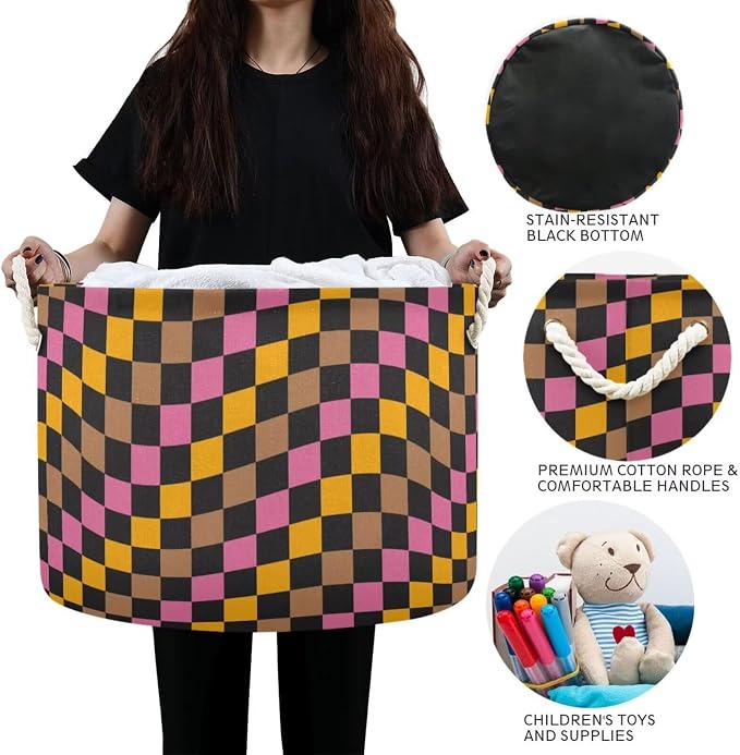 Wavy Checkered Print Collapsible Round Storage Basket with Handles | Colorful Retro Plaid Large Laundry Baskets Hamper, Clothes Organizer Bin for Bedroom Living Room Decor, 20x 20x 14 Inches