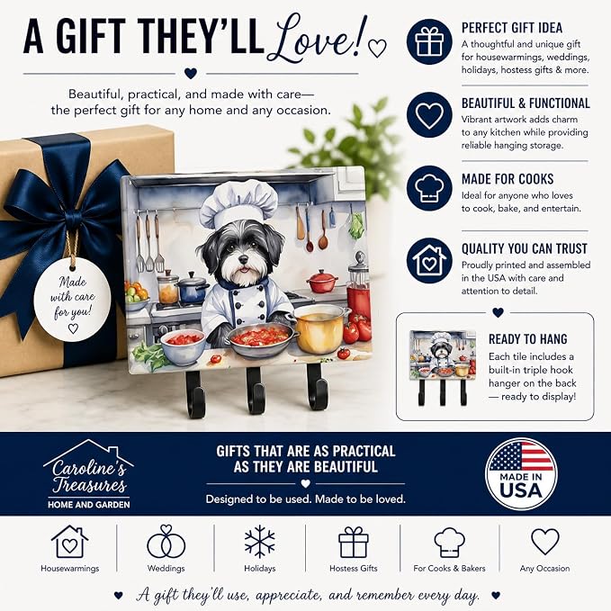 Caroline's Treasures Havanese The Chef Leash or Key Holder Wall Hooks, Key Hooks Holder, Coat Rack Wall Mount, Coat Hooks, Hooks for Hanging Keys, Towels, Aprons, Leashes | Havanese The Chef artwork on ceramic tile with three steel hooks for keys, leas...