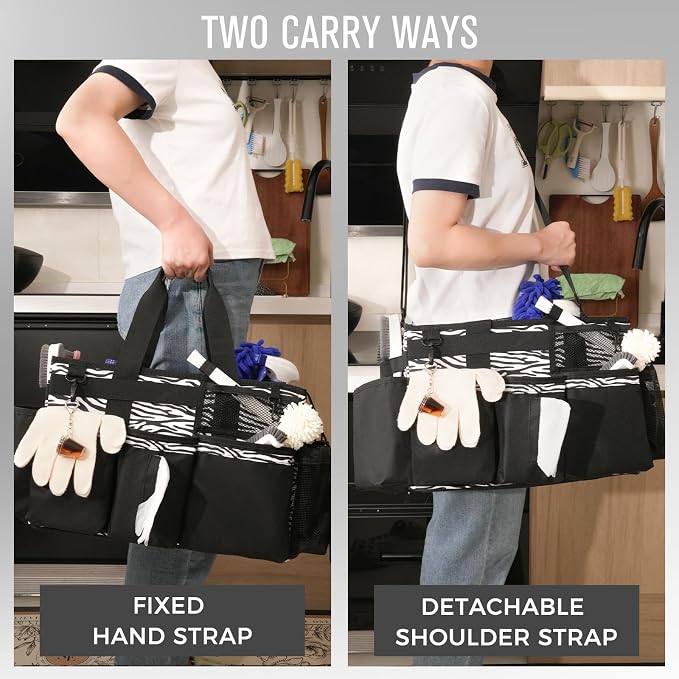 SCAVATA Wearable Cleaning Caddy, Cleaning Caddy Supplies Organizer with Handle & Shoulder Straps for Housekeepers, Under Sink & Car Cleaning Tool Organizers Bag with 4 Foldable Divider (ZebraStripe)