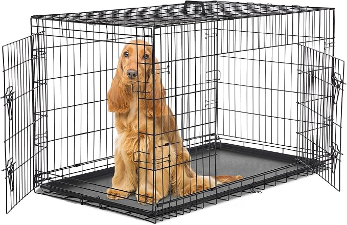Sweetcrispy Dog Crate 48 Inch, Medium Large Dog Cage, Foldable Pet Kennel | Double Door, Metal Kennel, Secure Lock, Removable Tray, Indoor Outdoor Training Travel