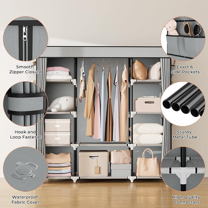 VTRIN Portable Closet Wardrobe for Hanging Clothes 57.3 Inch Large Capacity Clothes Rack with Cover, 10 Storage Organizer Shelves, 1 Hanging Rods and 6 Pockets, Free Standing Closet for Bedroom, Grey