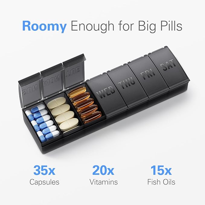 Barhon Pill Organizer Large, Weekly Medicine Pill Organizers, 7 Day Pills Box Case Travel for Big Vitamin Supplements Fish Oil, Gray