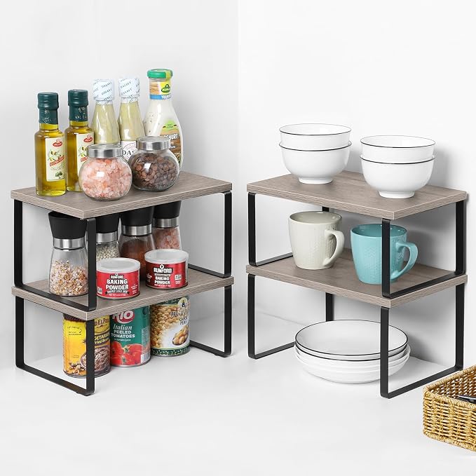 NEX Kitchen Cabinet and Counter Shelf Organizer, Shelf Riser for Pantry Countertop Cupboard Desk Top, Stackable & Expandable, Set of 4, Black and Greige | Stackable & Expandable Spice Rack, Space-Saving Pantry Organizers Bathroom Countertop Storage, Bl...