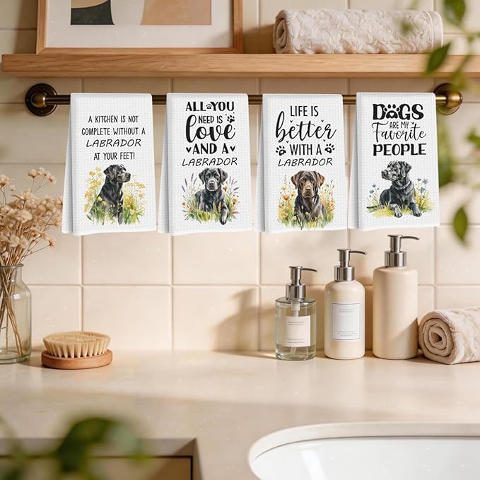 4Pcs Black Labrador Retriever Dog Kitchen Towels, Labrador Retriever Gifts for Women Mom, Reusable Dish Towels for Kitchen Bathroom Decor, Waffle Weave Absorbent Hand Cloth Tea Towel, Dog Gifts