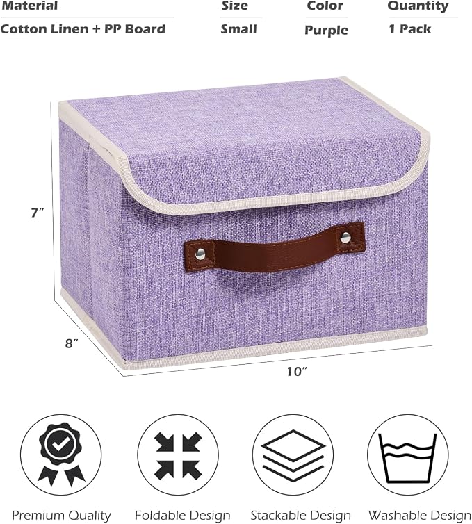 Storage Boxes with Lids Cotton Linen Fabric Bins Baskets | Decorative Collapsible Washable, Clothes Container Organizer for Closet Shelf, w/ Faux Leather Handles, Purple, Small