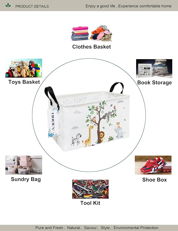 Rectangular Fabric Storage Bin, Foldable Tree Animals print Basket | Damp-proof canvas with reinforced stitched handles.Great for clothes,books & sundries in closets,playrooms,laundry rooms.