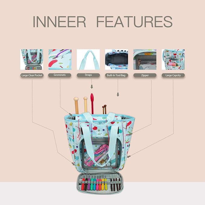 Yarn Knitting Storage Tote-Large Capacity Crochet Organizer Portable Travel Bag with Shoulder Strap Crochet Hooks Case for Unfinished Bulk Project