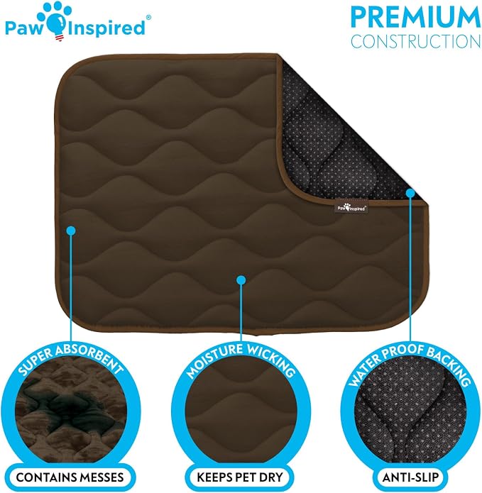 Paw Inspired Washable Padded Crate Mats for Dogs | 23" x 17" Pad, Fits 24-inch Kennels | Leakproof, Waterproof Bottom, Plush Pet Beds (Dark Brown)