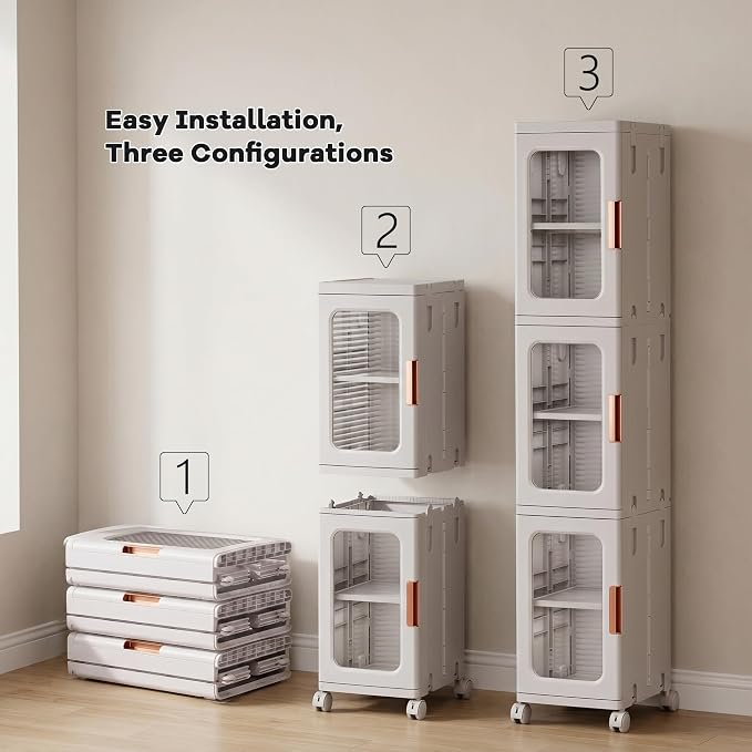 3-Tier Tall Narrow Plastic Storage Cabinet of 2, Foldable | Rolling Organizer with Lid,Doors,Stackable, Adjustable Shelves, Durable PP,Freestanding Bathroom Cabinet for Small Slim Space