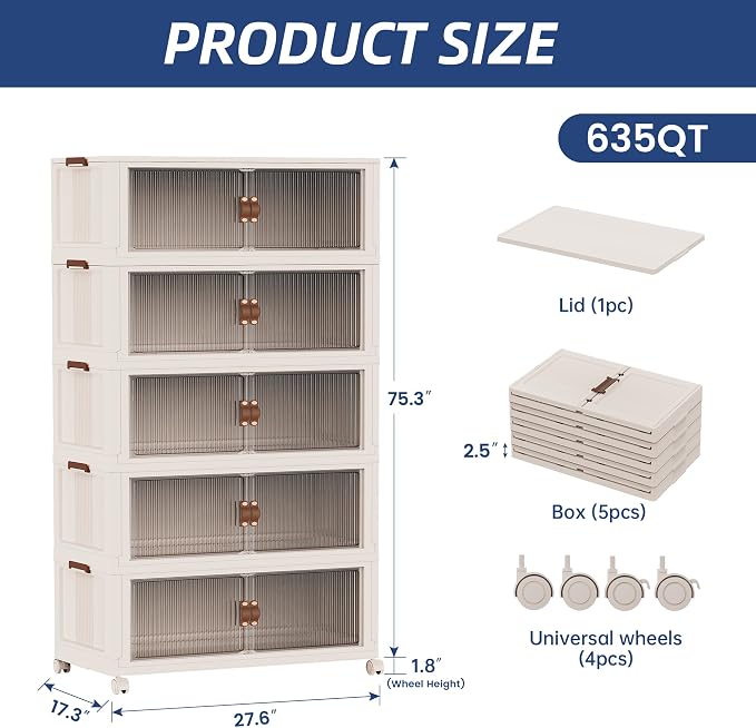 SAILUN 635Qt Stackable Storage Bins,Storage Cabinet a Lid,5Pack Blush White