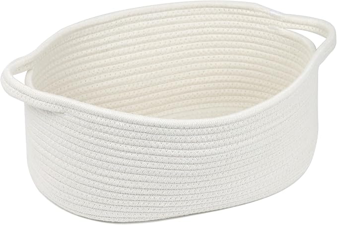 Woven Cotton Rope Storage Basket with Handle, White, 13 Inch | Empty Gift Basket, Bathroom and Closet Organizer, Nursery Toy Storage, Decorative Boho Basket, Shelf Storage Bin