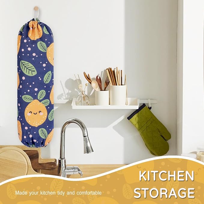 Plastic Bag Holder, Reusable Grocery Bag Holder for Plastic Bags Groceries Store, Flower Canvas Trash Plastic Bag Organizer Storage Holders for Home Kitchen Pantry Decor (Blue Lemon)