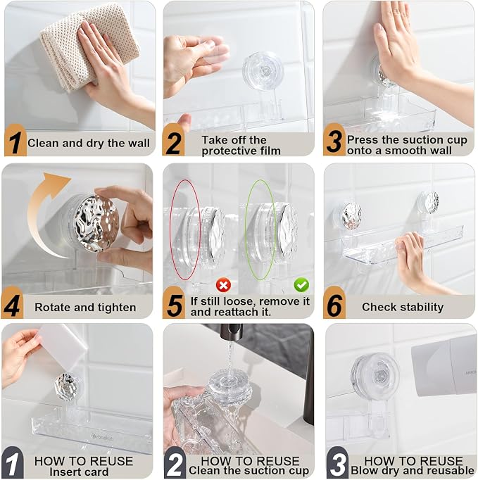 Shower Caddy Suction Cup, Wall Mounted Suction Shower Rack Organizer, No Drilling Clear Shelf Basket with 4 Movable Hooks, Bathroom Storage Rack Suitable for Smooth Walls
