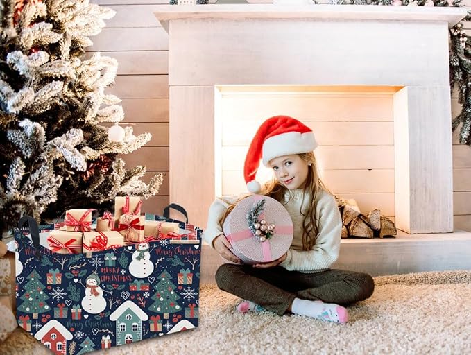 Rectangular Christmas Baskets,Snowman Basket Empty,Waterproof PE Coating Cute Bins for Kids with Handles,Gifts Baskets,Books Bin. (Blue Snowman)