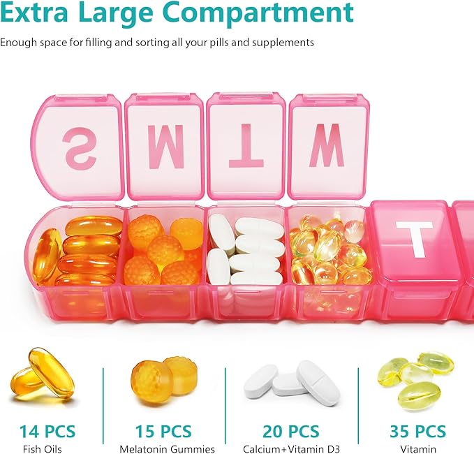 XL Weekly Pill Organizer 7 Day, MOLN HYMY Extra Large 1 Week Pill Dispenser Case, Daily Medicine Organizer to Hold Medication, Vitamins, Fish Oils and Supplement (Pink