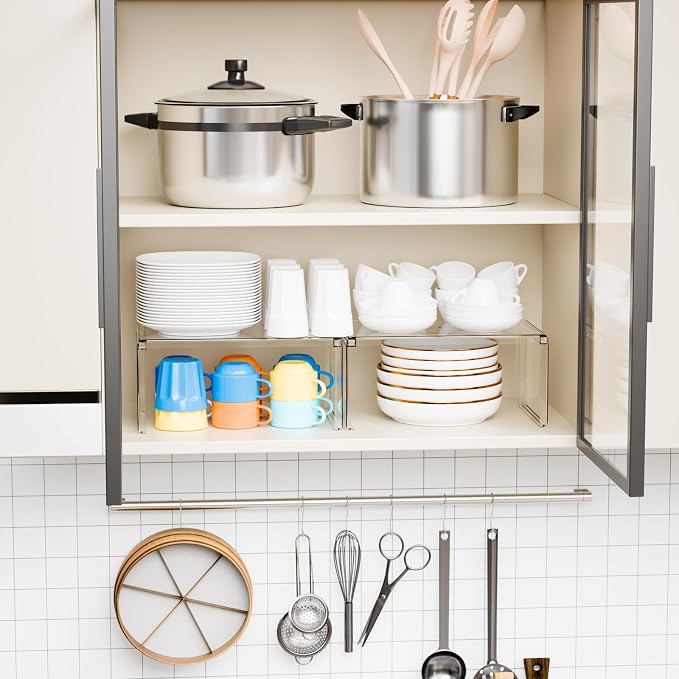 2 Pack Acrylic Cabinet Organizer,2 Tier Stackable Shelves for Cabinets,RV Pantry Organization,Counter Space Saver Desk Organizers,Cupboard Shelf and Cabinet Stand & Risers for Mug,Cup,Dish