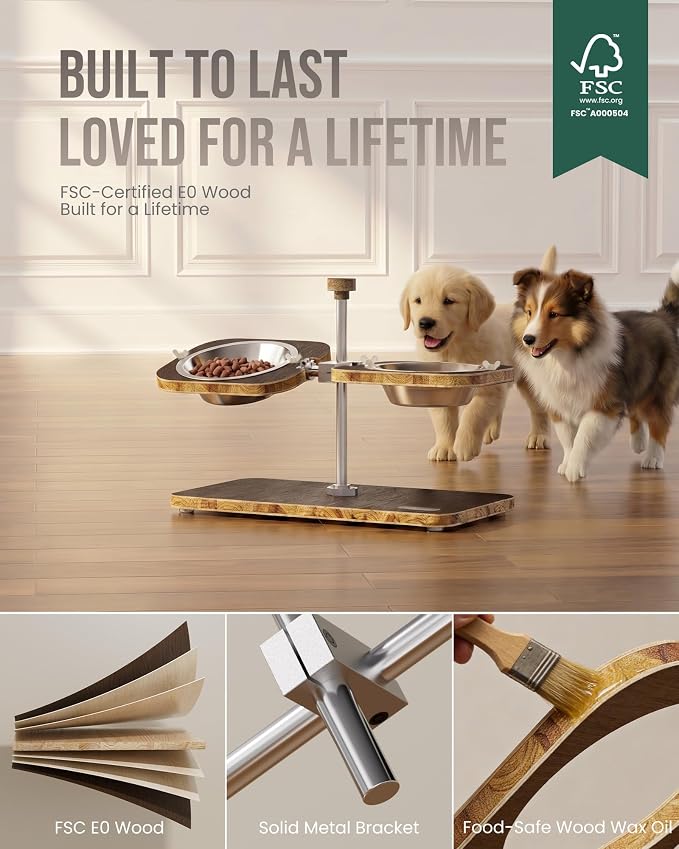 Puppyspout Elevated Dog Bowls, Adjustable Height & Tilt Bowl Stand | 2x16oz 304 food-grade bowls, independent tilt, FSC-Certified Wood non-slip wood base for cats, puppies & small to medium dogs