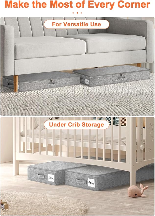 punemi 5 inch High Sturdy Low Profile Under Bed Storage, 2 Pack, Grey | Shallow Storage Bin with Sturdy Sides & Bottom, Ideal for Clothes, Blankets & Toys, Fits Under Cribs, Sofas & Dorm Beds
