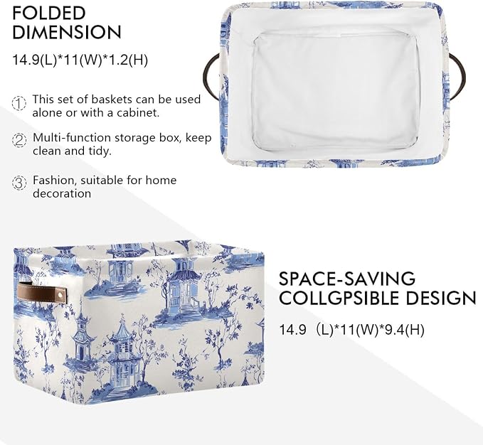 susiyo Large Closet Storage Bin Pagodas Chinoiserie Fabric Storage Baskets Collapsible Decorative Baskets Organizing Basket Bin with PU Handles for Shelves Home Closet Bedroom Living Room-2Pack