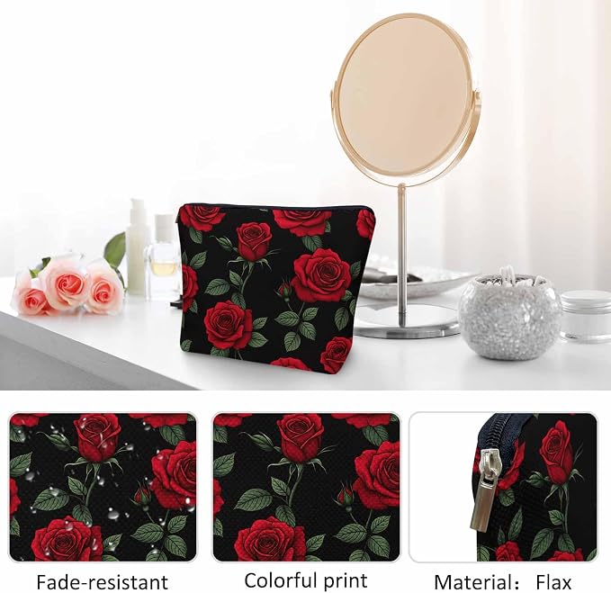 Woman Rose Makeup Bag - Blossom Flower Roses Red Travel Cosmetic Bags Toiletry Makeup Organizer Pencil Pouch For Owners Lady Birthday Gifts