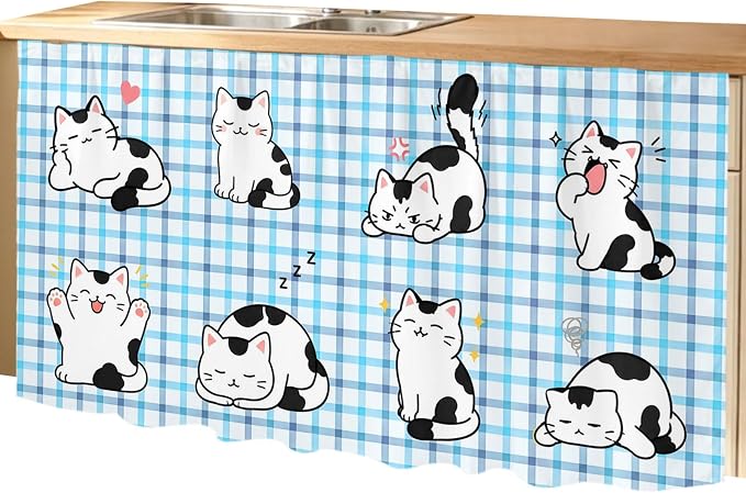 Cute Cat Cabinet Curtain 32"Wx55"L, Dustproof Pantry Door Curtain with Self Adhesive Tape, Modern Playful Pet Cats Blue Purple Plaid Tall Storage Cover Privacy Drape for Bathroom Kitchen Laundry Room