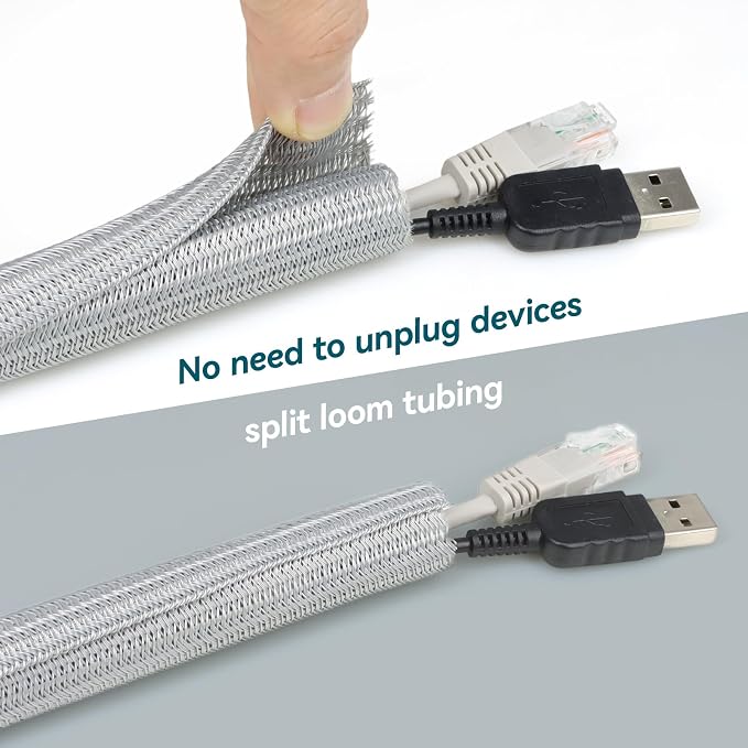 Wire Loom Tubing, 10ft Split Braided Cable Management Sleeve, Flexible Mesh Cord Protector Cable Sleeve for TV Computer (Grey, 1")