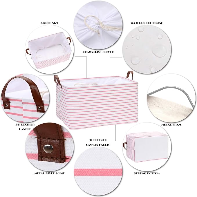 Hinwo 70L Extra Large Canvas Storage Bin with Lid and Handles | Collapsible Fabric Basket, Closet Shelf Organizer, Container for Clothing, Blankets, Toys, Bedding (Pink Stripe)