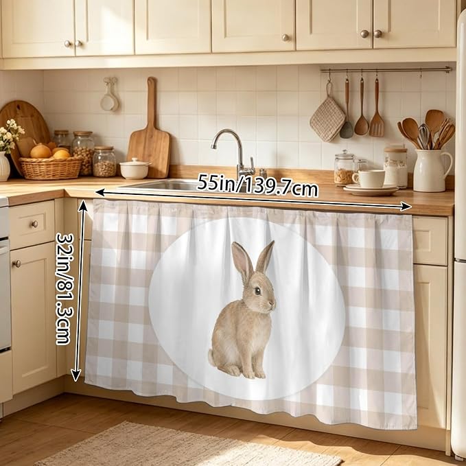 Rabbit Plaid Sink Skirt for Bathroom, Self-Adhesive Under Sink Curtain, Modern Farmhouse Checkered Rustic Animal Hide Pipes & Storage Fabric Cabinet Skirt Cover for Kitchen Laundry 32"x55"