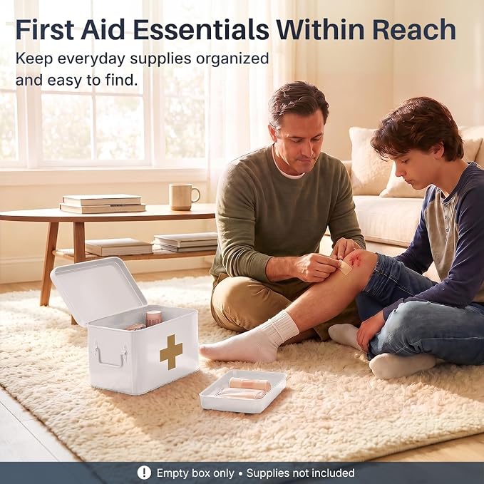 Flexzion Large Metal First Aid Box Empty, 8.5-Inch, White with Gold Cross | Vintage Medicine Box and First Aid Storage Organizer with Removable Tray and Dividers; Empty Box Only, Supplies Not Included
