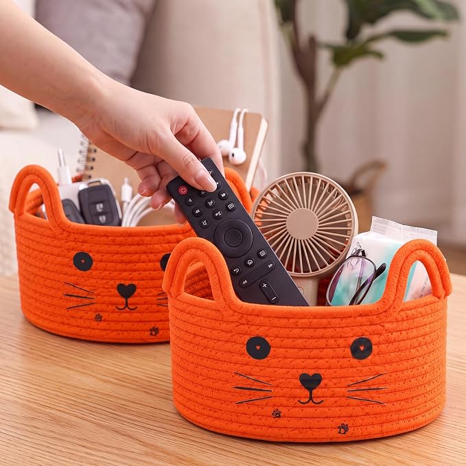 Zopeal Cat Storage Basket Woven Organizer with Ears Decorative Gift Cute Cotton Rope Pet Toy Basket for Gift Cat Dog Toy Bin Nursery Room(8.3 x 4.7 Inch,Orange) | Cute Cotton Rope Organizer with Handles for Toy Box, Nursery Decor, Decorative Bin, Pet S...