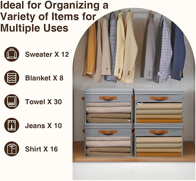 Large Storage Bins with Lids - 6 Pack Foldable Decorative Organizers with Clear Windows & Handles, Cube Storage Organizers for Clothes, Blankets, Sweaters, Sheets, Grey