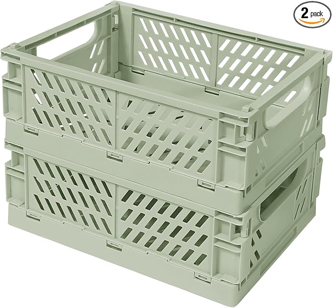 Tobeso-Nuoze Small Pastel Plastic Storage Bins 2Pcs Foldable Pastel Crates | Basket Colorful Storage Containers Baskets for Classroom Kitchen Office Bedroom Desktop Home Decor (Green 9.8" x 6.5" x 3.8")