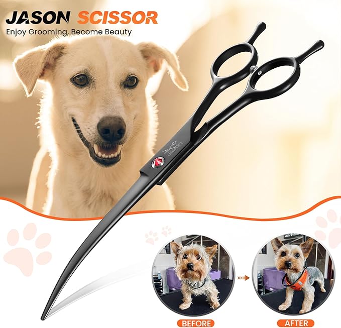 JASON 7" Dog Grooming Scissor - Professional Down-curved Shear with Ergonomic Handle Japanese Stainless Steel Hair Scissor for Dogs, Cats and Other Pets, Sharp (Down-curved, Black) Christmas Gift