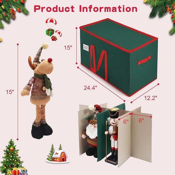 Christmas Nutcrackers Storage Box Stores 8 Figurines 15 " Storage Container | Large Ornaments Storage Box and More - Holiday Decor Organizer with Adjustable Dividers, Xmas Decorations Accessories Boxes