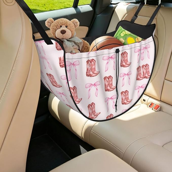 Fresh Pink Cowboy Boots Bows Car Seat Organizer Backseat Storage Bag, Large Waterproof Vehicle Organizer With Adjustable Straps For Gear Essentials, Fits Most Cars