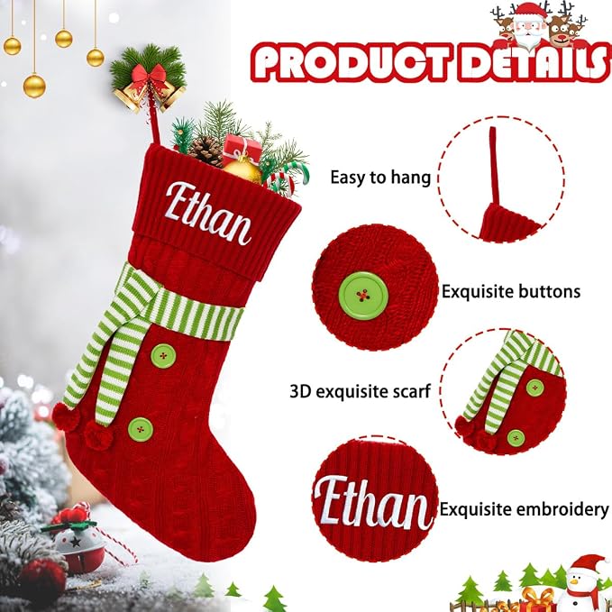 Personalized Christmas Stockings, Custom Name Knit Scarf Christmas Stockings for Kids, 18" Large Xmas Stockings Hanging Ornament for Holiday Fireplace Decoration (1 Pcs)