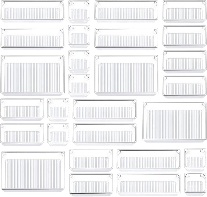 Kootek 28Pcs Drawer Organizer Set, 4-Size Bathroom Tray Makeup Desk Divider | Clear Plastic, Multi-Use Individual Storage Organizers, Customize layouts, Easy to Clean, for Bathroom Office Dresser Bedroom