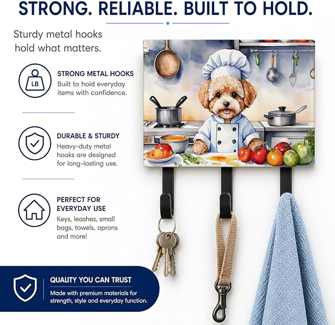 Caroline's Treasures Maltipoo The Chef Leash or Key Holder Wall Hooks, Key Hooks Holder, Coat Rack Wall Mount, Coat Hooks, Hooks for Hanging Keys, Towels, Aprons, Leashes | Maltipoo The Chef artwork on ceramic tile with three steel hooks for keys, leas...