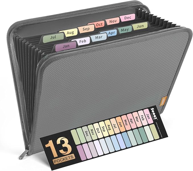 Sooez 13 Pocket Accordion File Organizer, Zipper Expanding File Folder A4 | Reinforced Plastic Accordion Folder Organizer, A4 Letter Size, Portable Folders for Documents, School Office Supplies, Grey