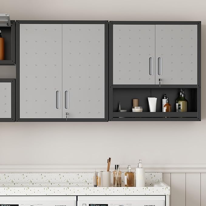 Garage Wall Cabinet with 2 Locking Doors Metal Storage Cabinet | Wall Mounted Steel Tool Cabinet with Doors and Shelf Hanging Cabinets for Garage Warehouse Bathroom Kitchen,Assembly Required