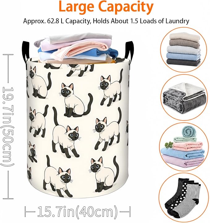 Siamese Cat Laundry Basket, Cartoon Animal Beige Oxford Cloth Dirty Clothes Collapsible Hamper for Room Decor, Cute Pet Gifts, Toy Organizer 19.7 x 15.7 Inches for Bedroom Bathroom Dorm