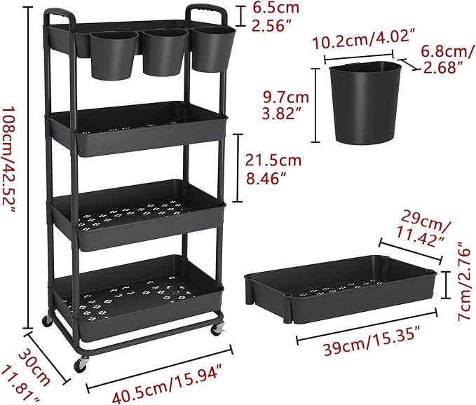 4-Tier Plastic Rolling Storage Cart Utility Cart with Extra Hanging Cups Handles Lockable Wheels for Living Room Bathroom Kitchen Office Black | Utility Cart with Extra Hanging Cups Arc-Shaped Handles Lockable Wheels for Living Room Bathroom Kitchen Of...